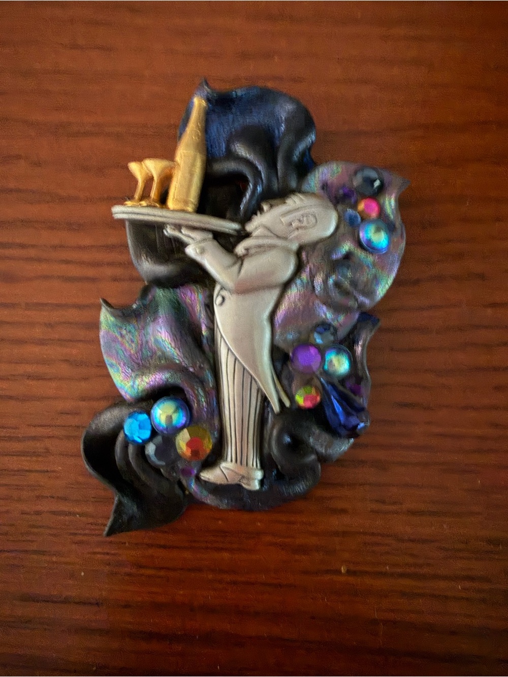 Vintage Waiter Butler Champagne Brooch Rhinestone Pin Multicolor